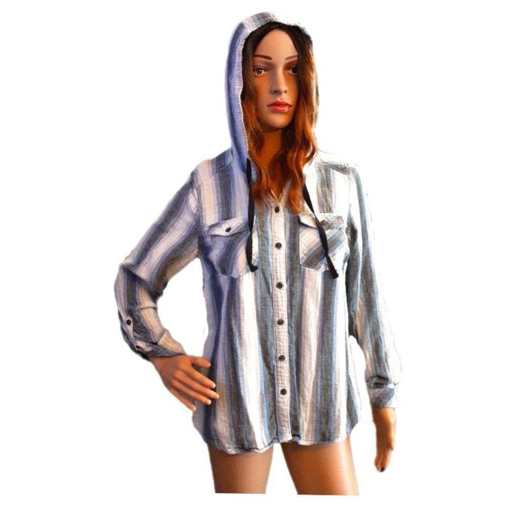 Boston Traders Hoodie Shirt Chambray Lining Blue Striped Cotton size Medium